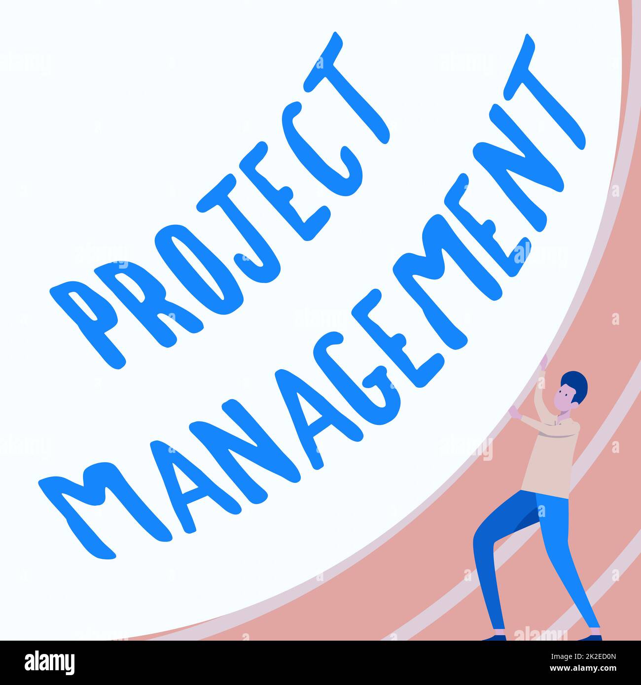 Das Schild zeigt Project Management an. Geschäftsüberblick Anwendungsprozess Fähigkeiten zum Erreichen von Zielen und Ziel Gentleman Drawing Stehend Pushing Big Circular Object. Stockfoto