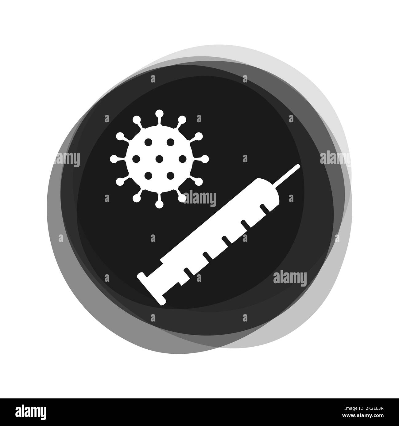 Covid-19-Impfsymbol auf schwarzem Knopf mit Spritze und Coronavirus Stockfoto