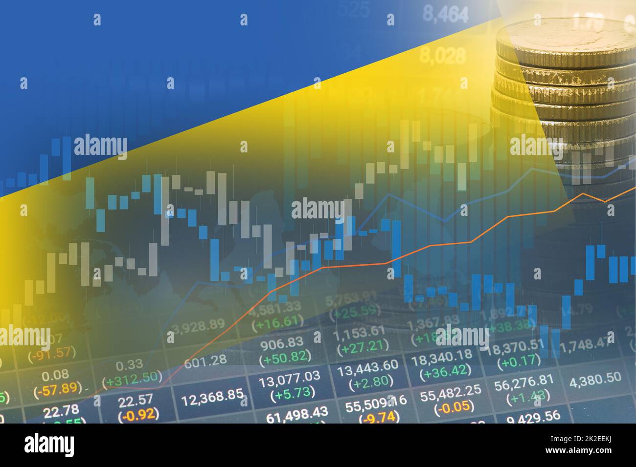 Aktienmarkt Investment Trading Finanz-, Münze und Ukraine Flagge oder Forex für die Gewinnfinanzierung Geschäft Trend Daten Hintergrund analysieren. Stockfoto