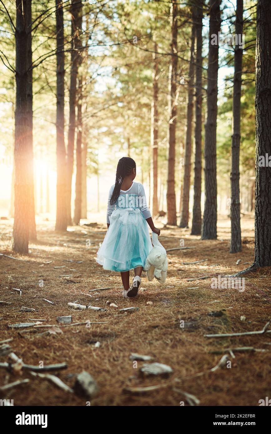 Auf einer Erkundung der Wunder der Wälder. Rückansicht eines kleinen Mädchens, das mit ihrem Teddybären im Wald spazierengeht. Stockfoto