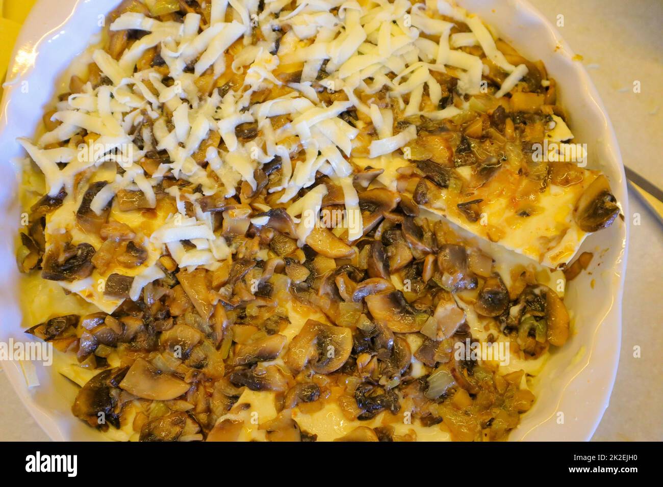 Hausgemachte Pilzlasagne mit Käse, Blick von oben, Hintergrund mit köstlichem Essen Stockfoto
