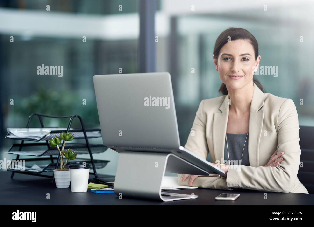 Zufriedenheit am Arbeitsplatz zahlt sich aus. Porträt einer professionellen Geschäftsfrau, die einen Laptop an ihrem Schreibtisch benutzt. Stockfoto