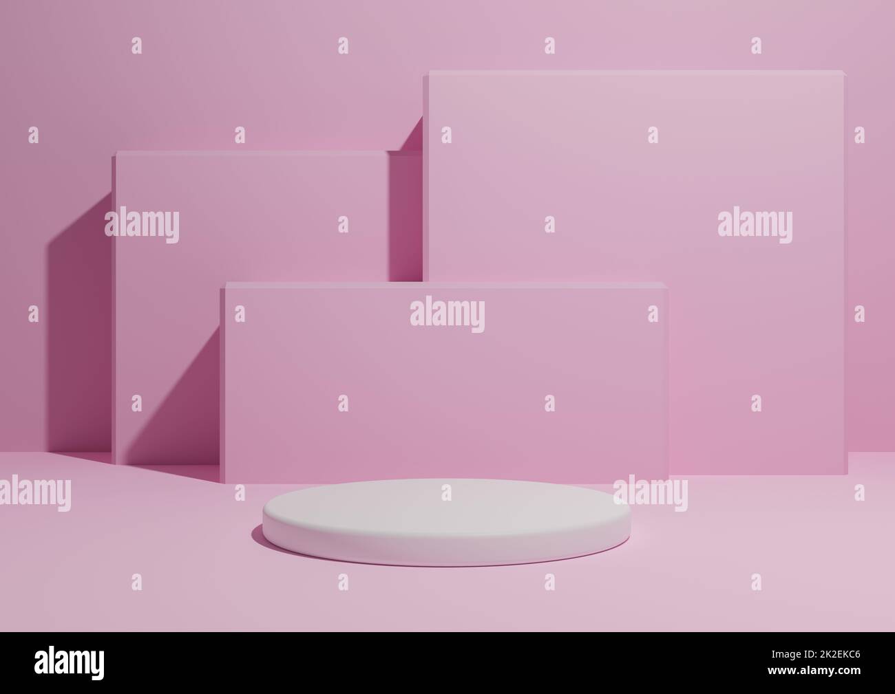Hell, pastellfarben, lilavendelrosa, 3D-Darstellung eines einfachen, minimalistischen Hintergrunds mit einem Podium oder Ständer und geometrischen quadratischen Formen im Hintergrund. Stockfoto
