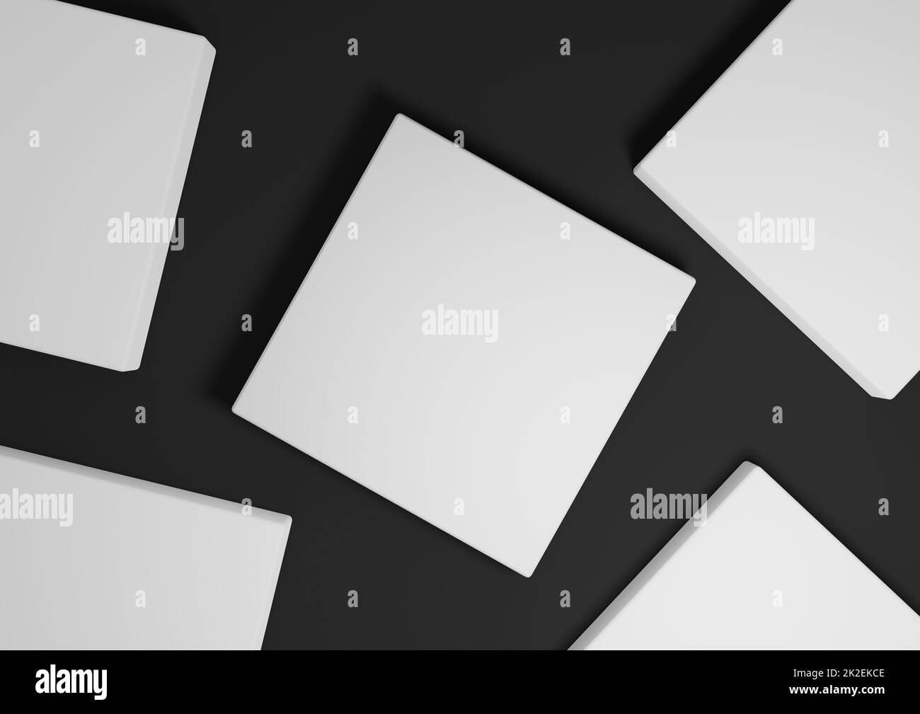 Schwarz, dunkelgrau, schwarz und weiß, 3D Render minimaler, einfacher Draufsicht flacher Produktdisplay-Hintergrund mit Podestständer und geometrischen Formen Stockfoto