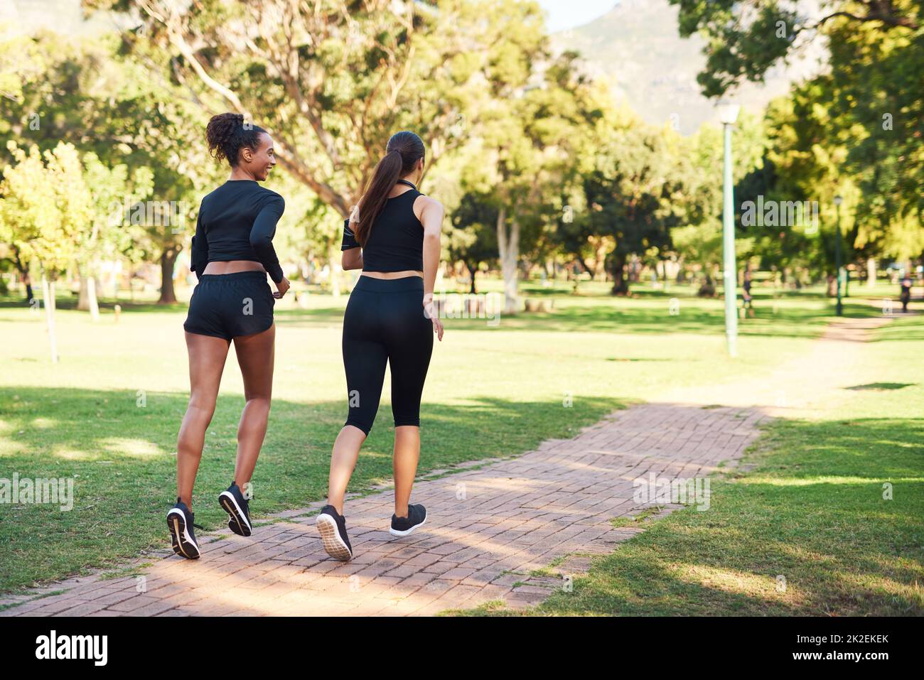 Waren fast fertig. Rückansicht von zwei attraktiven jungen Frauen, die tagsüber im Park nebeneinander laufen. Stockfoto