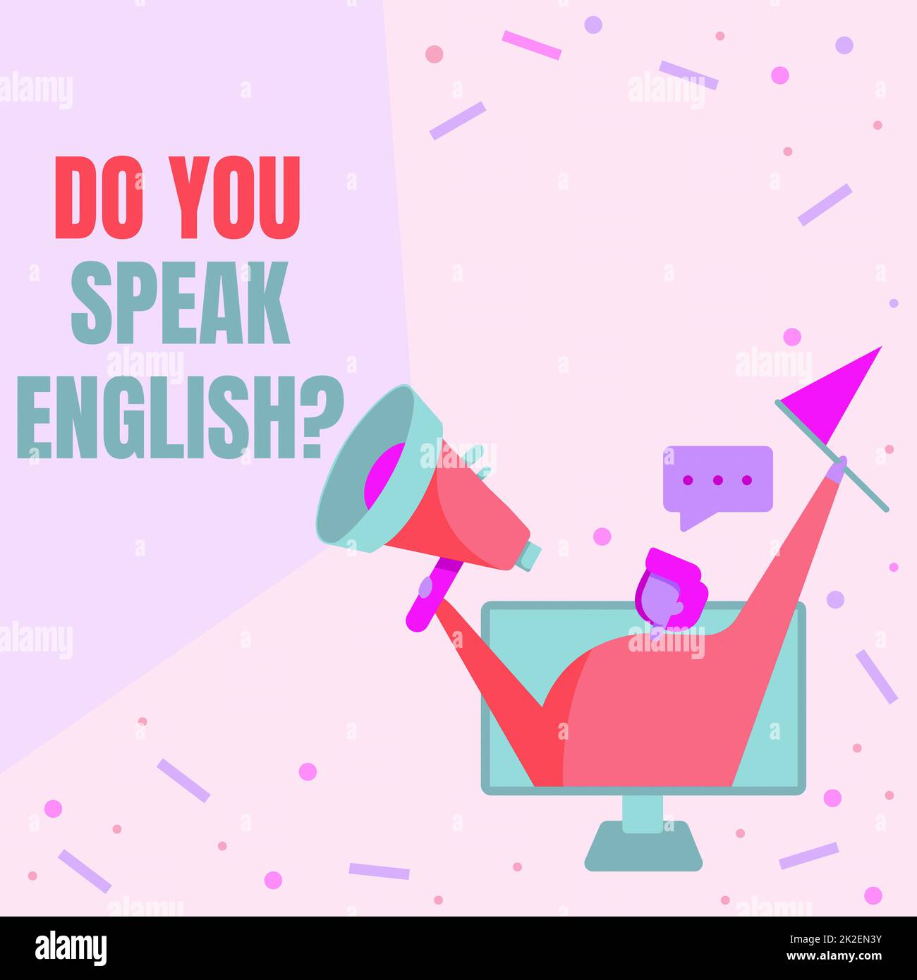 Begrifflicher Titel: Sprechen Sie Englisch? Frage. Business Showcase, um zu erfahren, ob die Person Englisch Lady auf Einem Bildschirm sprechen kann Zeichnung mit Megafon und Flagge. Stockfoto