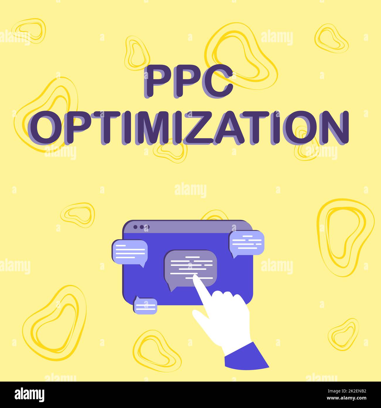 Konzeptionelle Beschriftung PPC-Optimierung. Konzept bedeutet Erweiterung der Suchmaschinenplattform für Pay-per-Click-Hands mit Wachstumsgrafik und Webbrowser-Bildschirm. Stockfoto