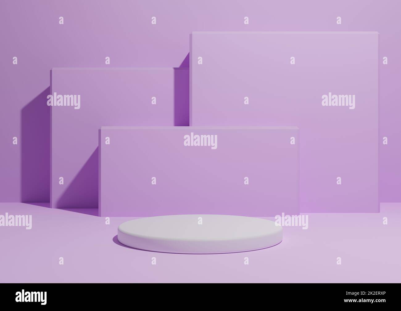 Hell, pastellfarben, lilavendelrot, 3D-Darstellung eines einfachen, minimalistischen Produktanzeigehintergrunds mit einem Podium oder Ständer und geometrischen quadratischen Formen im Hintergrund. Stockfoto