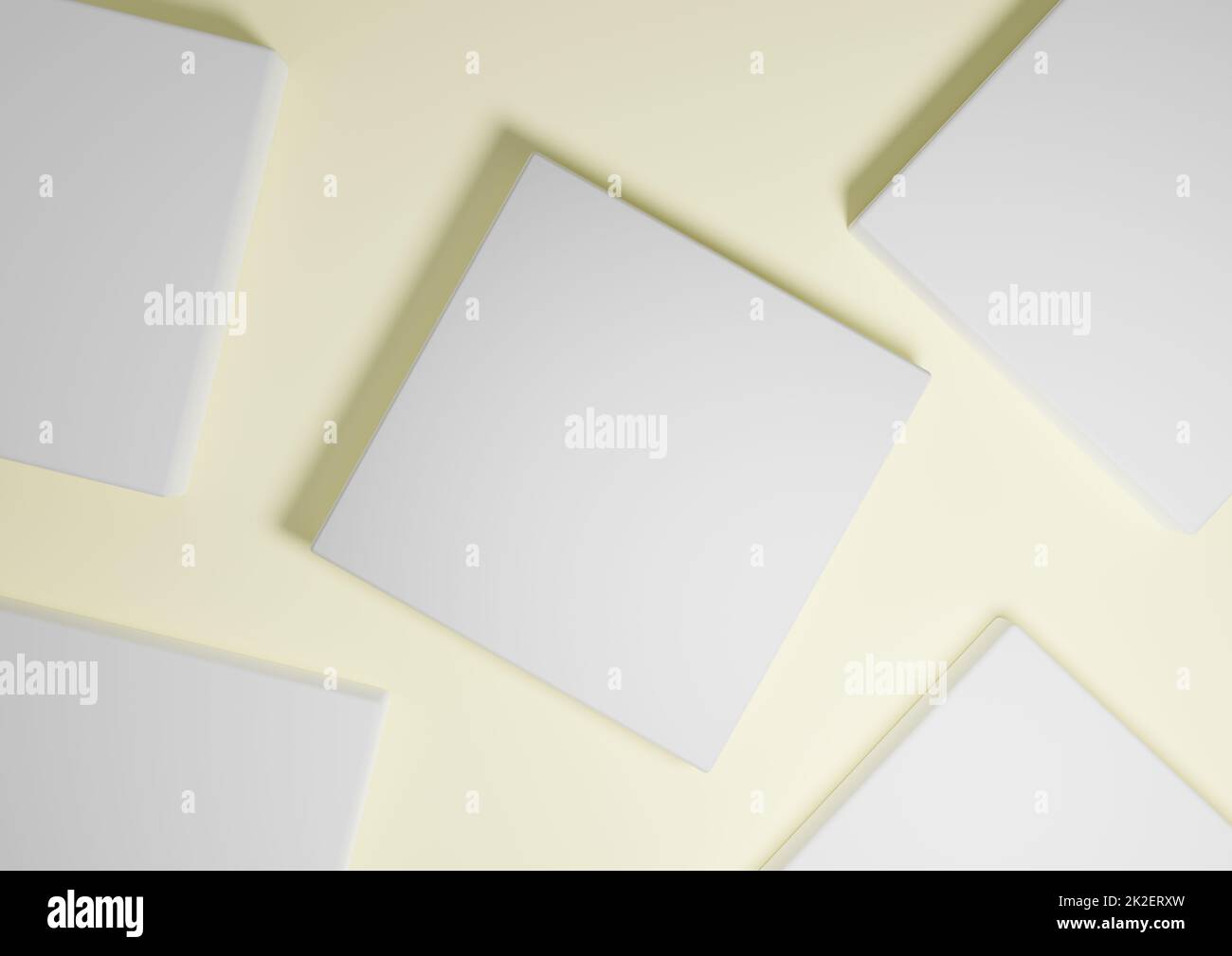 Pastell, leicht, zitrusgelb, 3D Rendering minimal, einfache Draufsicht flach Lay Produktdisplay Hintergrund mit Podestständer und geometrischen Formen Stockfoto
