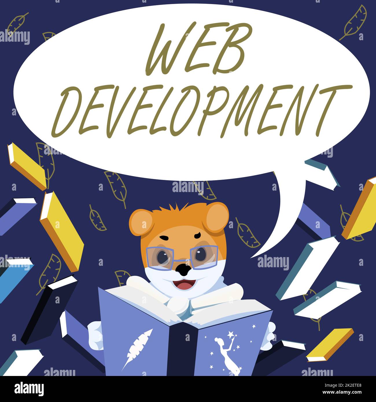 Hand schreiben Zeichen Web Development. Business Idea Web Development Fox mit Brille sitzt in der Bibliothek Lesen Eines Buches Studieren. Stockfoto