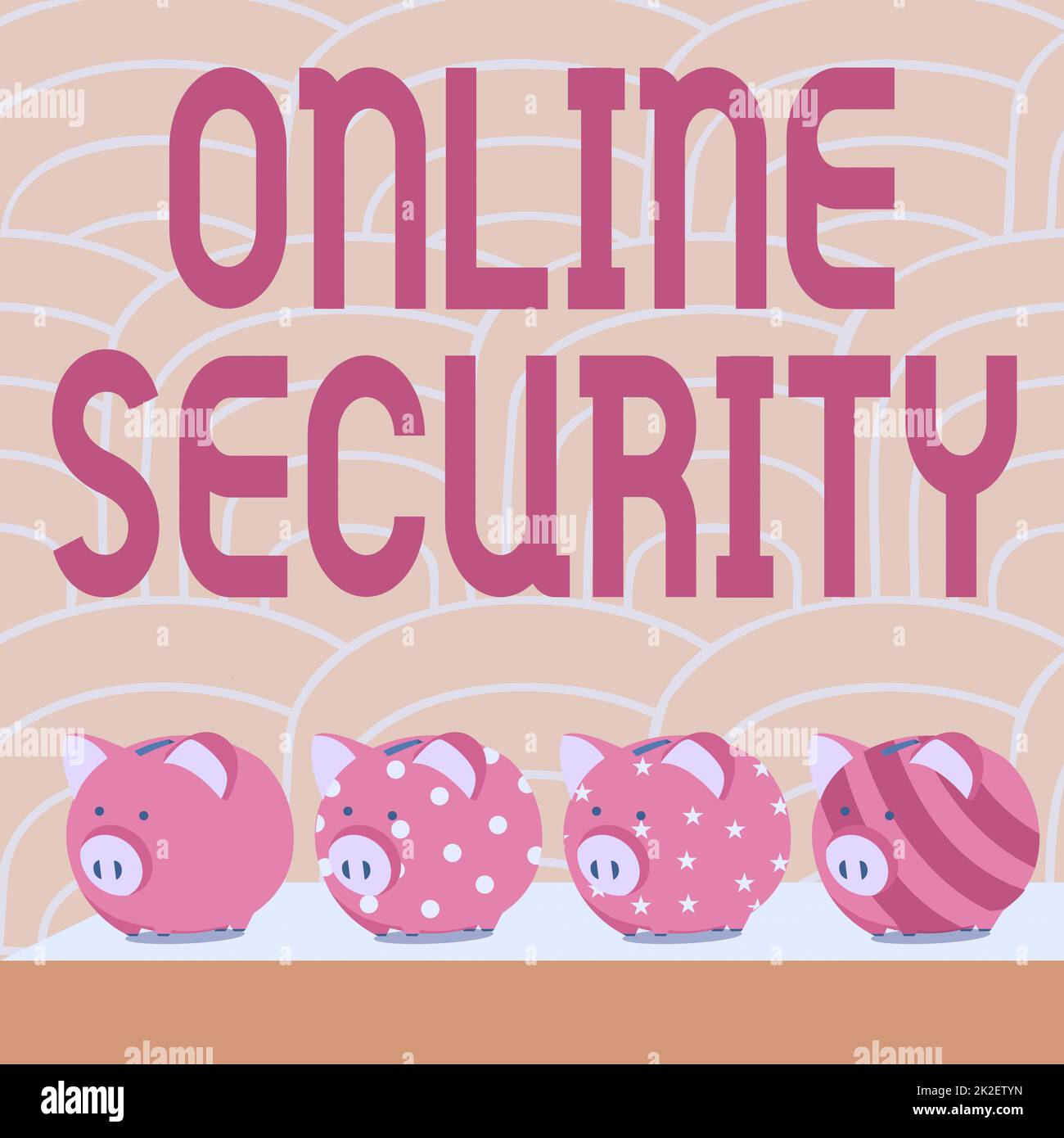 Textunterschrift für Online-Sicherheit. Konzept bedeutet Regeln zum Schutz vor Angriffen über das Internet mehrere Piggy Bank-Zeichnungen auf einem Tisch mit gestreiftem Hintergrund. Stockfoto