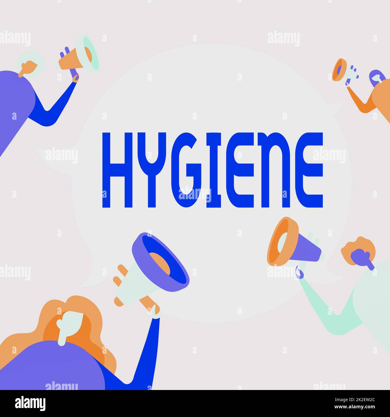 Inspiration mit Zeichen Hygiene. Konzeptionelle Fotostudie der Wissenschaft über die Einrichtung und Erhaltung von Gesundheit Menschen zeichnen Halten ihre Megaphone im Gespräch. Stockfoto