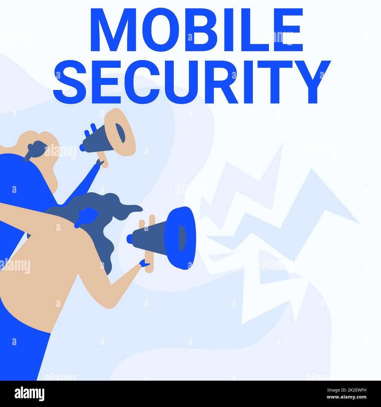 Handschriftliches Schild Mobile Security. Internetkonzept Schutz von Mobiltelefonen vor Bedrohungen und Schwachstellen Frauen ziehen Megafone halten Ankündigungen an die Öffentlichkeit. Stockfoto