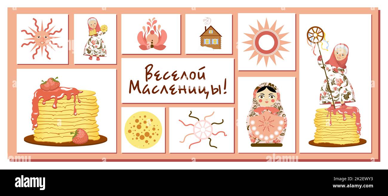 Fröhlicher Karneval. Modernes Banner für russischen Volksurlaub. Maslenitsa ist ein Frühlingsfest. Pfannkuchenwoche. Trendvektordarstellung Stockfoto
