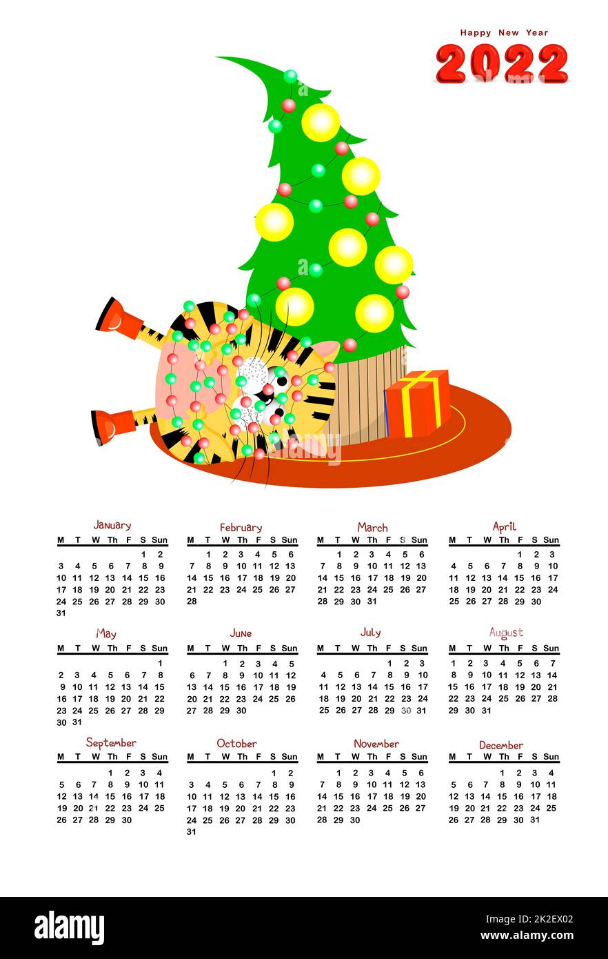 Lustiger Kinderkalender für 2022. Jahr des Tigersymbols 2022. Vektordarstellung. Zeitplan, wöchentlich Stockfoto