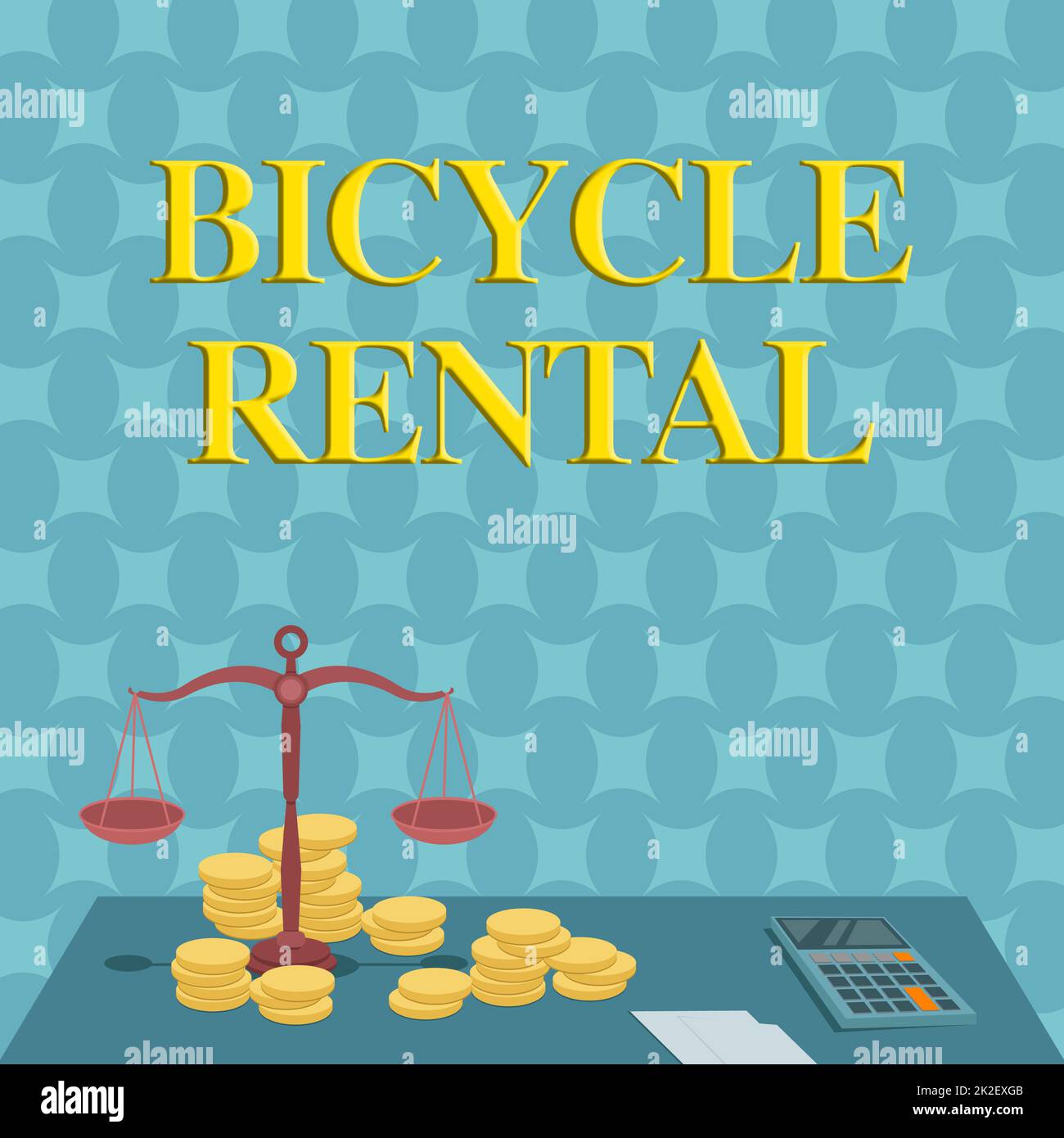 Textunterschrift zur Präsentation des Fahrradverleihs. Geschäftsidee ein Unternehmen, das Fahrräder an Touristen oder Reisende vermietet, Waage umgeben von Münzrechner, der Hypotheken zählt. Stockfoto