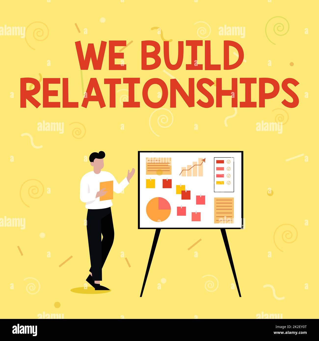 Textunterschrift Präsentation Wir bauen Beziehungen auf. Konzept bedeutet, dass wir Beziehungen aufbauen Geschäftsmann Zeichnen Standing präsentiert Ideen für ihren Erfolg. Stockfoto