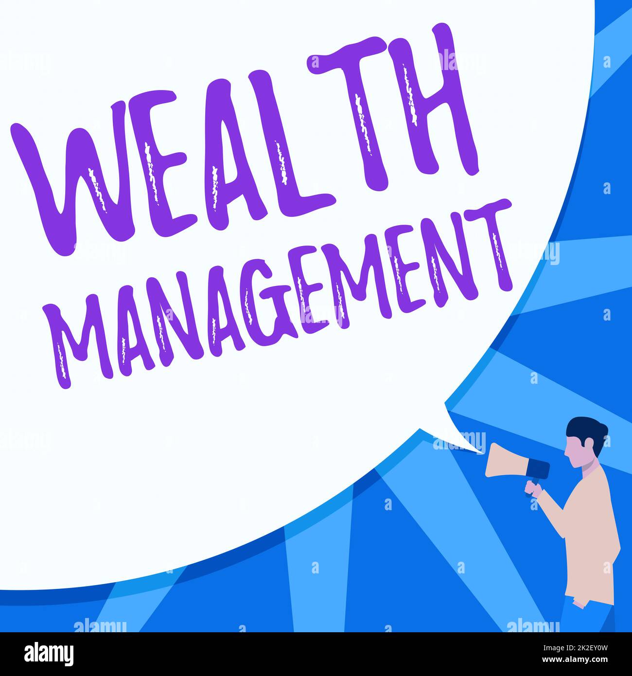 Textschild mit Vermögensverwaltung. Konzeptfoto Wealth Management Mann zieht Hand in Pocket Holding Megaphon mit großer Sprechblase. Stockfoto