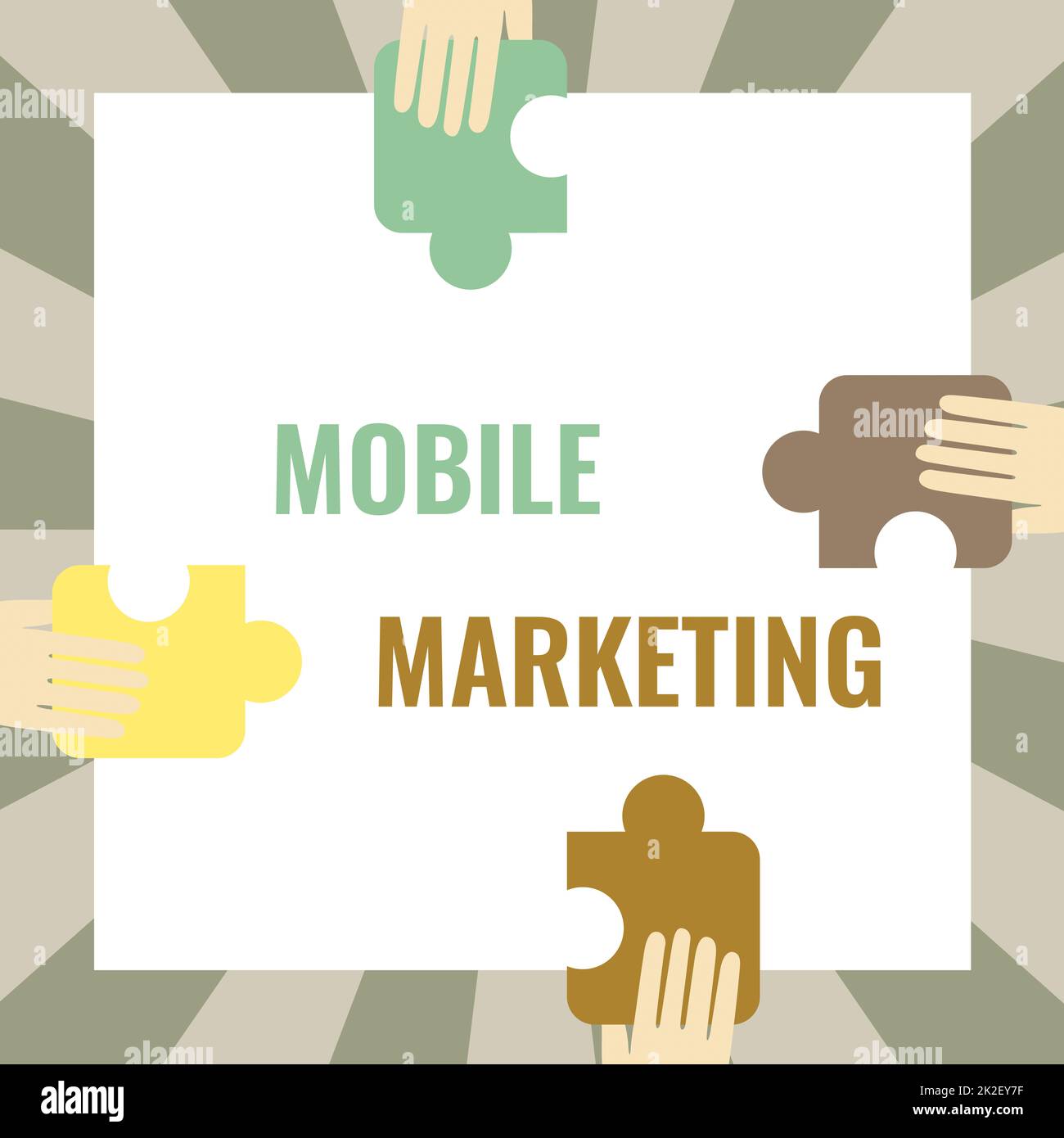 Konzeptionelle Überschrift Mobile Marketing. Die Technik der Geschäftsidee konzentrierte sich darauf, die Zielgruppe auf ihrem Smart-Gerät zu erreichen. Abbildung: Hände halten Puzzleteile auf jeder Seite der Box. Stockfoto Konzeptionelle Überschrift Mobile Marketing. Die Technik der Geschäftsidee konzentrierte sich darauf, die Zielgruppe auf ihrem Smart-Gerät zu erreichen. Abbildung: Hände halten Puzzleteile auf jeder Seite der Box. Stockfoto