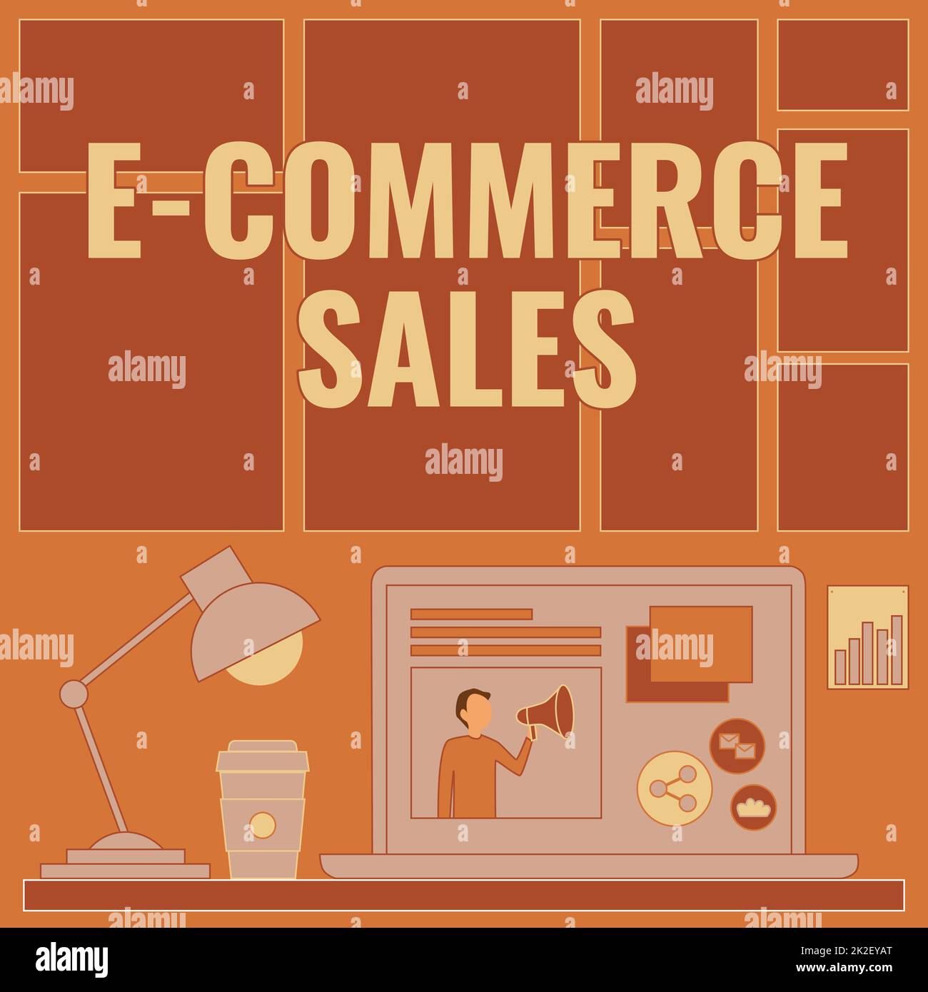 Konzeptionelle Darstellung E-Commerce-Vertrieb. Geschäftskonzept: Kauf oder Verkauf von Produkten im Online-Service, Laptop auf Einem Tisch neben dem Kaffeebecher und Schreibtischlampe, Arbeitsablauf. Stockfoto