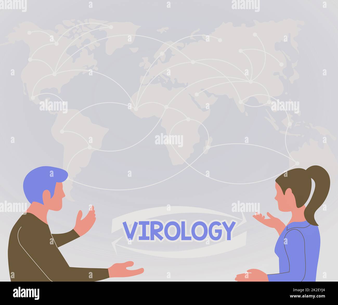 Handschriftzeichen Virologie. Geschäftsansatz Virologie zwei Teamkollegen diskutieren über neue Ideen World Map Brainstorming über neue Lösungen. Stockfoto