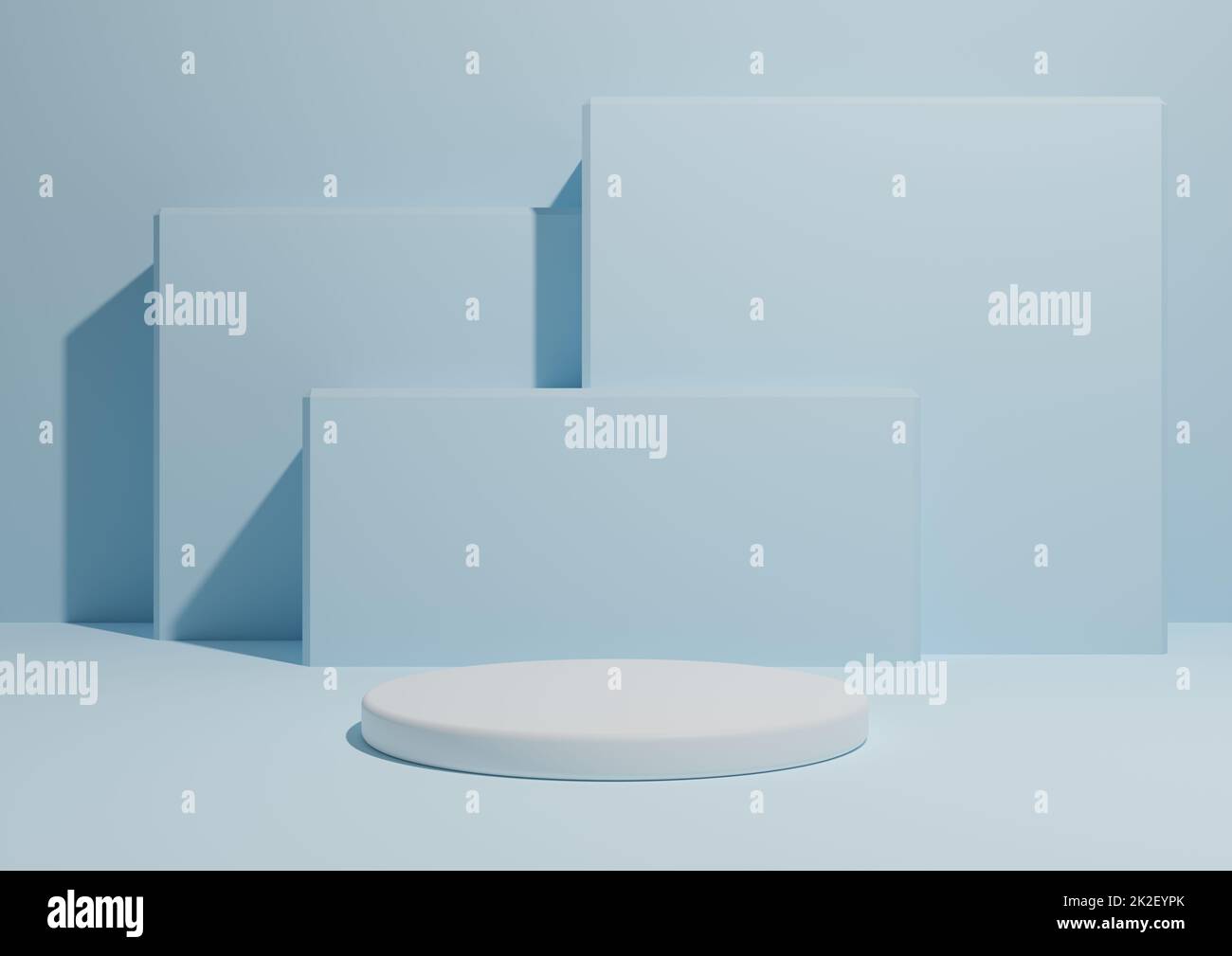 Hell, pastellfarben, babyblau, 3D-Darstellung eines einfachen, minimalistischen Hintergrunds mit einem Podium oder Ständer und geometrischen quadratischen Formen im Hintergrund. Stockfoto