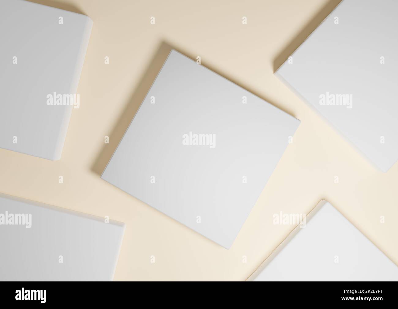 Hellbeige, pastellorange, 3D Render minimaler, einfacher, flacher Produktdisplay-Hintergrund von oben mit Podestständen und geometrischen Formen Stockfoto