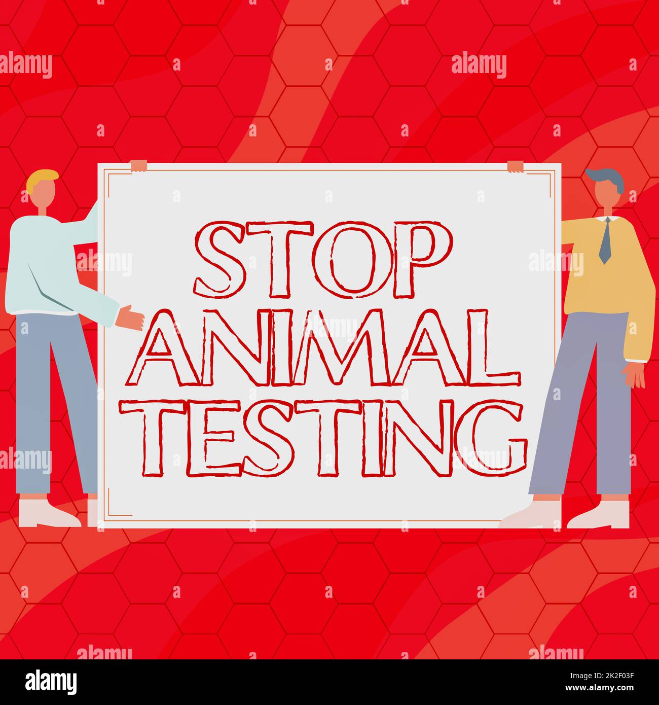 Inspiration mit dem Schild „Stop Animal Testing“. Unternehmerischer Ansatz wissenschaftliches Experiment, das lebende Tiere zwangsweise zwei Männer mit leerem Papierhintergrund zeichnen und neue Ideen präsentieren. Stockfoto