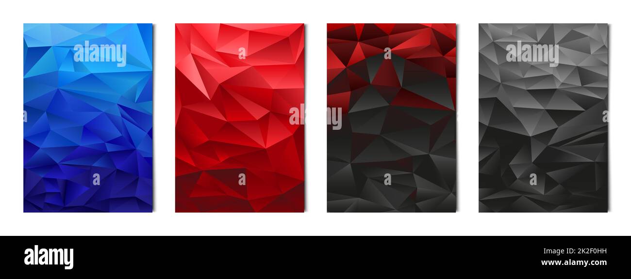 Set mit 4 abstrakten Dreiecken mehrfarbige Hintergründe, Vorlagen für Werbung, Visitenkarten, Texturen - Vektor Stockfoto