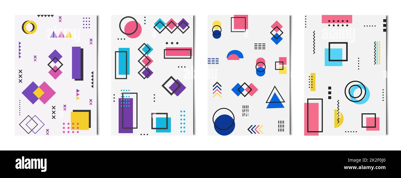 Set mit 4 abstrakten geometrischen Formen, hellen Hintergründen, Vorlagen für Werbung, Visitenkarten, Texturen - Vektor Stockfoto