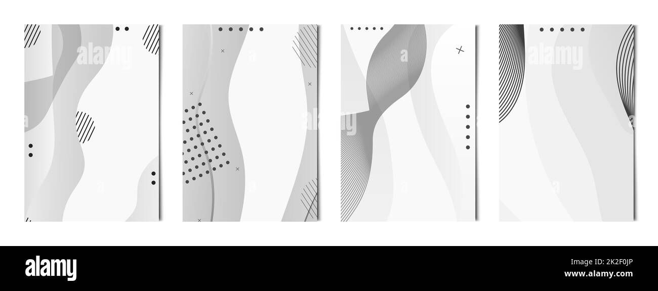 Set mit 4 Stück abstrakter heller Hintergrund wellige schwarze Linien, Vorlagen für Werbung, Visitenkarten, Texturen - Vektor Stockfoto