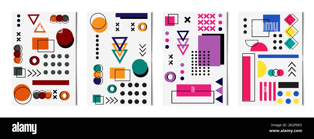 Set mit 4 abstrakten geometrischen Formen, hellen Hintergründen, Vorlagen für Werbung, Visitenkarten, Texturen - Vektor Stockfoto