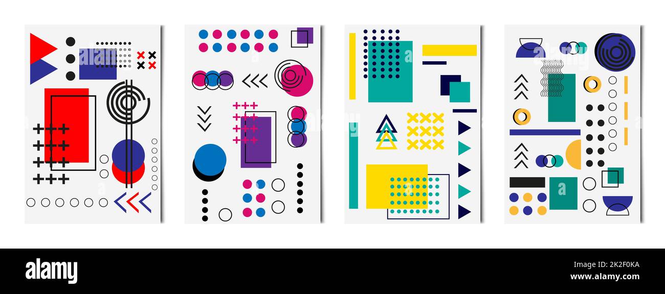 Set mit 4 abstrakten geometrischen Formen, hellen Hintergründen, Vorlagen für Werbung, Visitenkarten, Texturen - Vektor Stockfoto