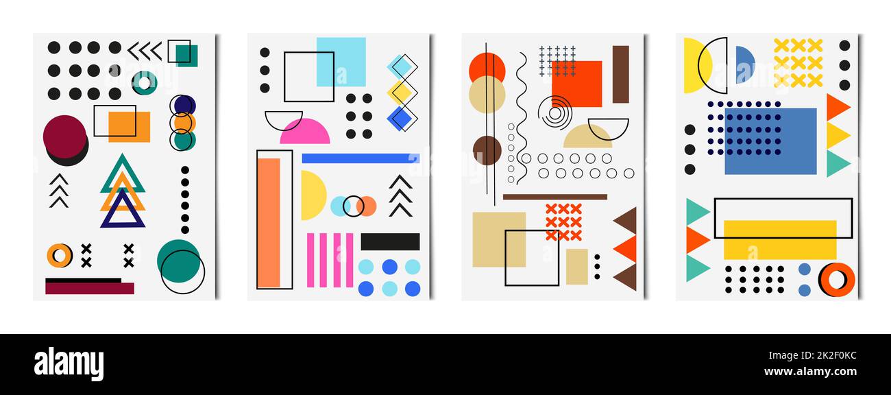 Set mit 4 abstrakten geometrischen Formen, hellen Hintergründen, Vorlagen für Werbung, Visitenkarten, Texturen - Vektor Stockfoto