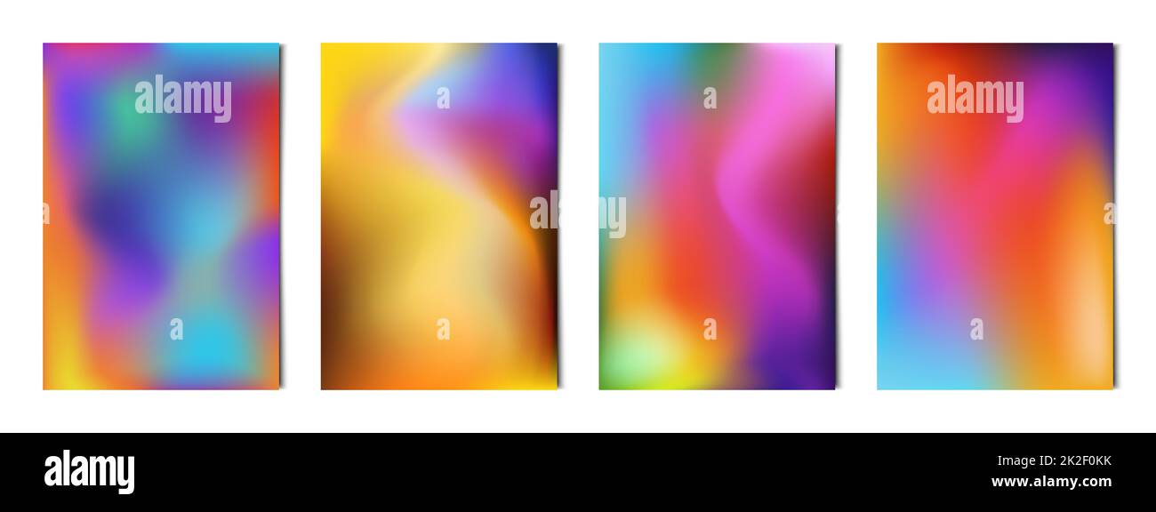 Set mit 4 abstrakten, mehrfarbigen verlaufenden Hintergründen, Vorlagen für Werbung, Visitenkarten, Texturen – Vektor Stockfoto