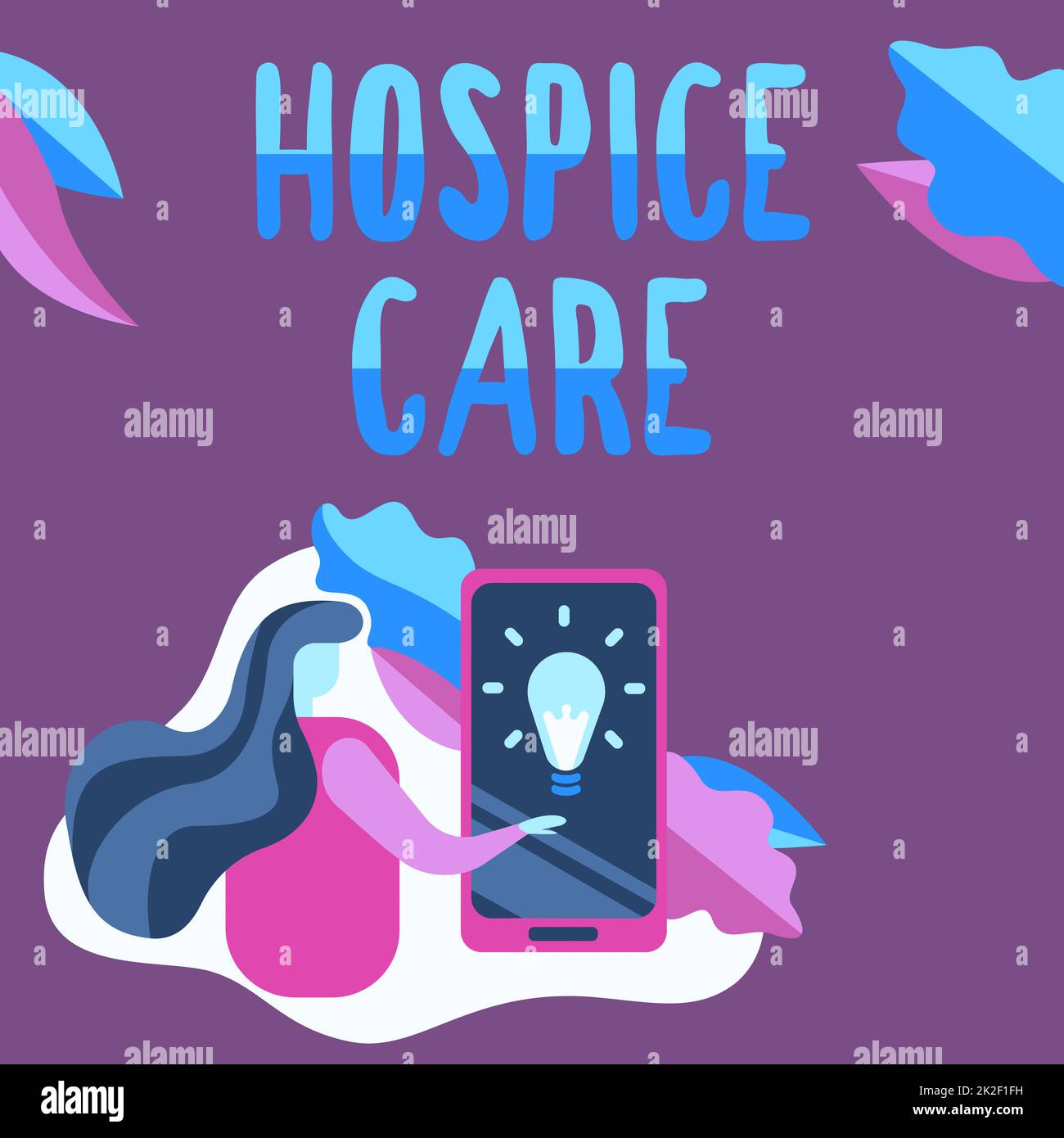 Textzeichen für Hospice Care. Der Schwerpunkt liegt auf der Palliation einer chronisch kranken Frau, die auf dem Bildschirm des Mobiltelefons die futuristische Technologie zeigt. Stockfoto