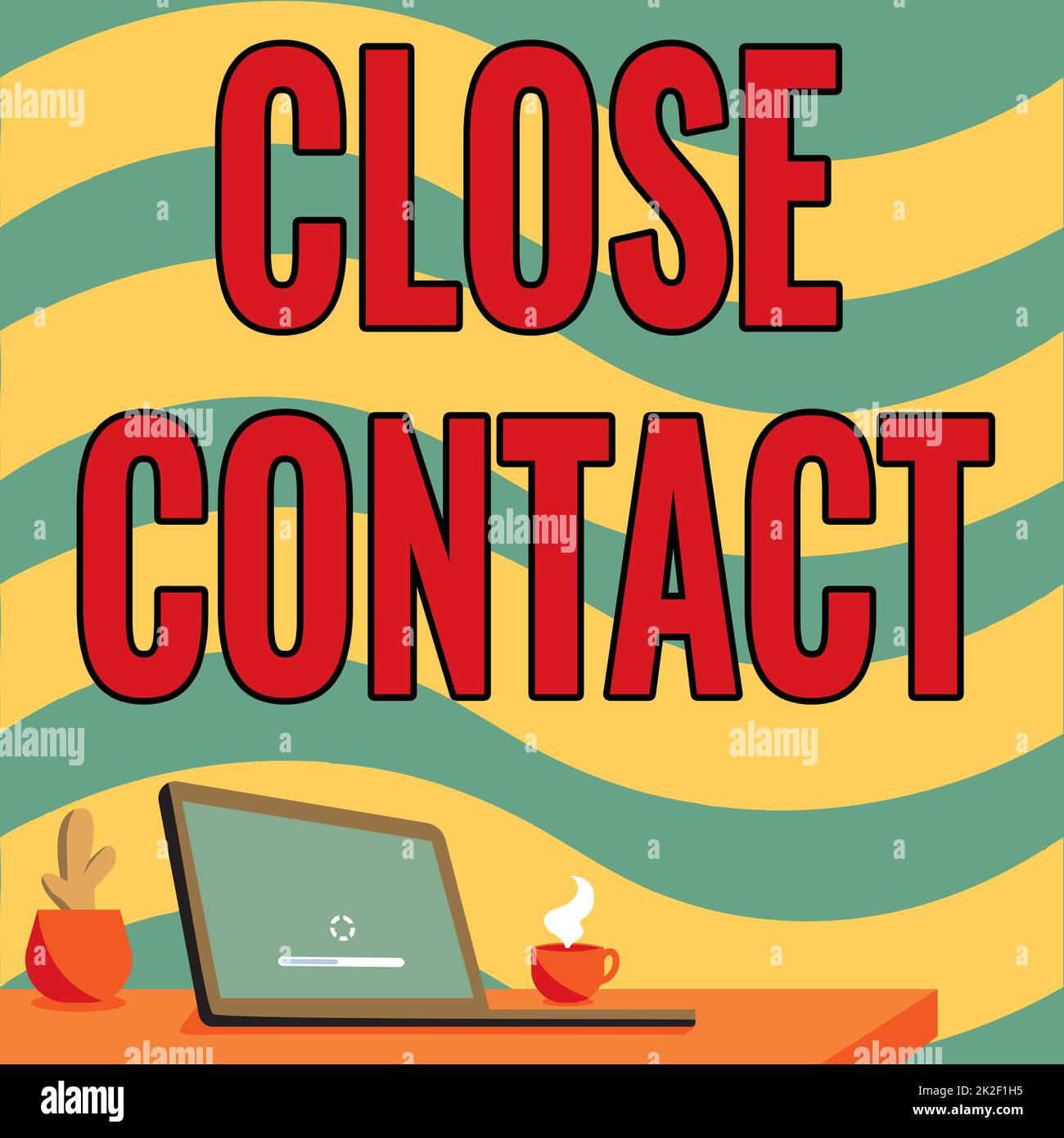 Schreiben mit Anzeige des Textes Kontakt schließen. Geschäftskonzept, das in der Vergangenheit direkt mit einer beiläufigen Büroschreibtenzeichnung mit Laptopstifthalter und einer offenen und angeordneten Zeichnung in Berührung gekommen ist Stockfoto