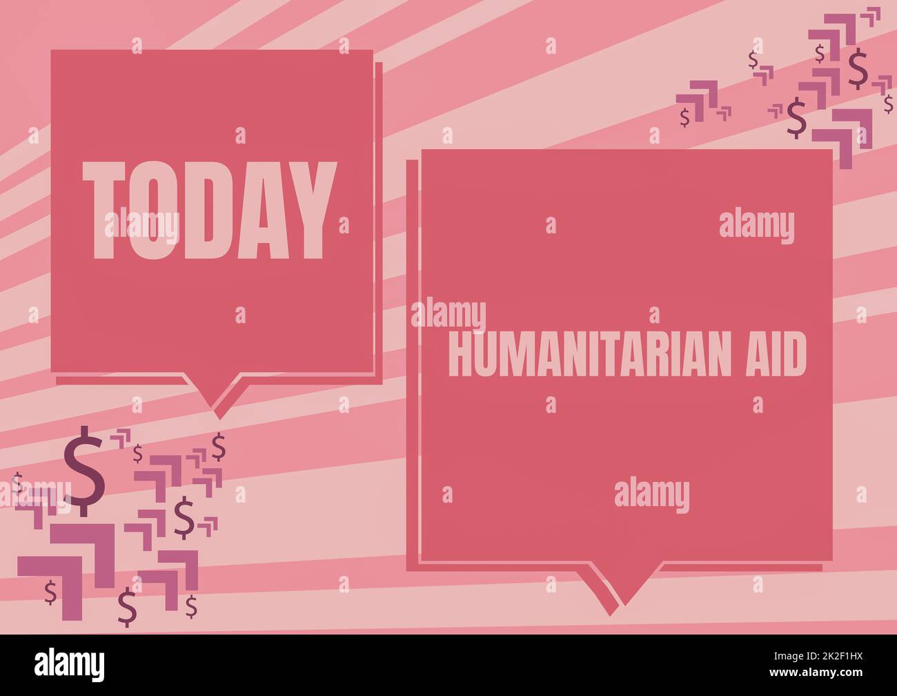 Textzeichen mit humanitärer Hilfe. Ein Wort über sofortige Hilfe nach einer Naturkatastrophe und einer künstlichen Katastrophe, zwei sich überschneidende, bunte Sprechblasen-Zeichnung mit Dollar-Zeichen. Stockfoto