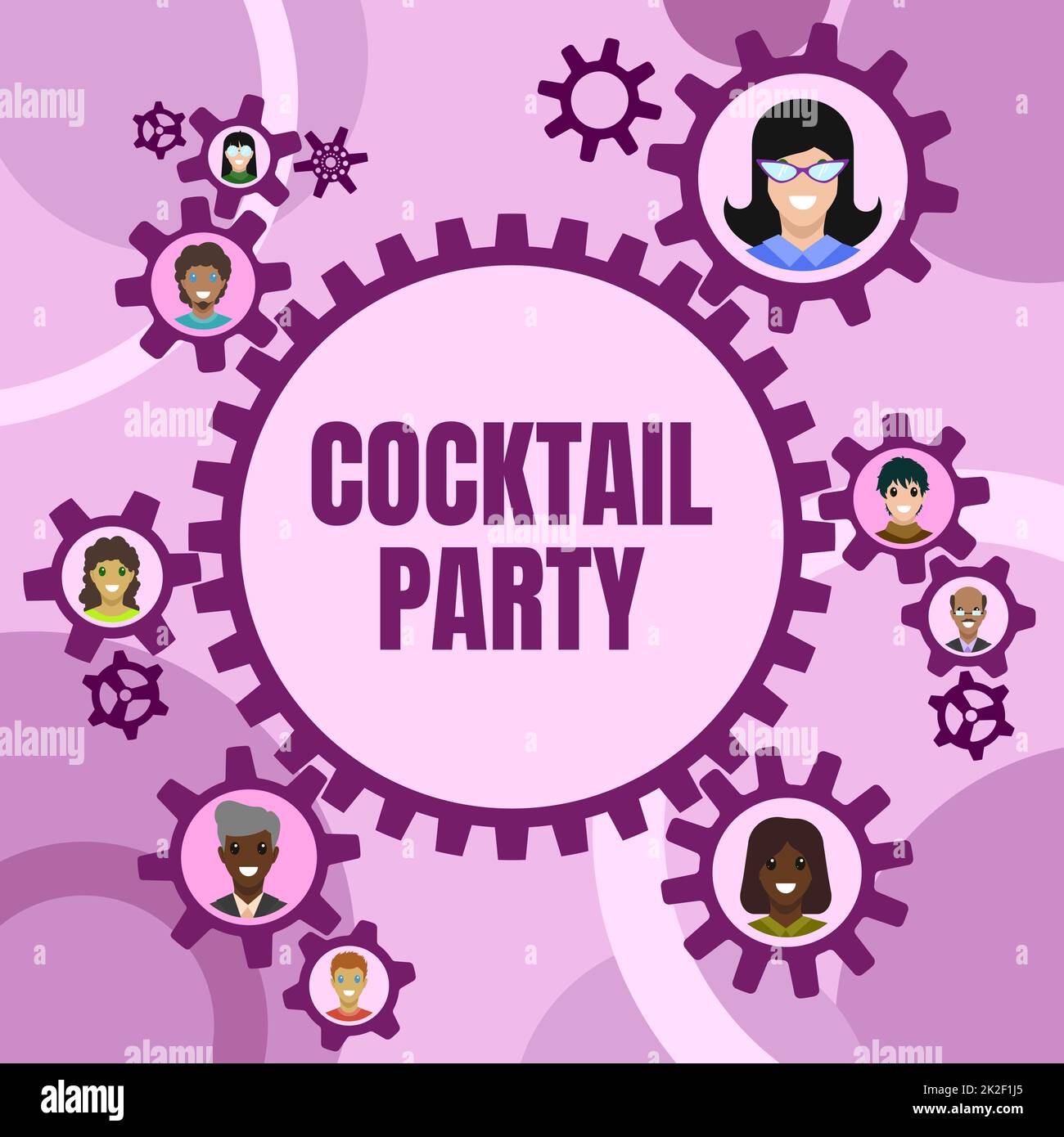 Schriftsteller: Cocktailparty. Wort für formelle Party mit alkoholischen Getränken normalerweise am frühen Abend präsentiert Kollegen in Zahnrädern mit Definition von Teamwork Stockfoto