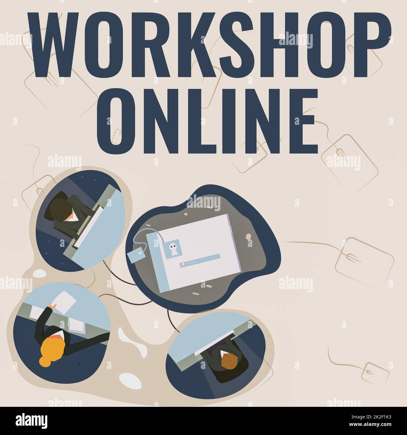 Text zeigt Inspiration Workshop Online. Word für Workshop Online-Kollegen mit Office-Meeting Gedankenaustausch mit neuem Projektplan. Stockfoto