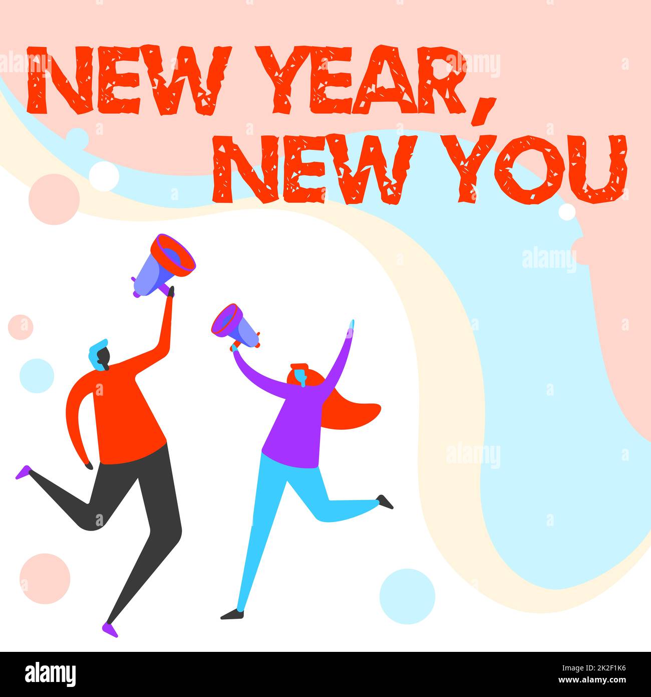 Handschrift für New Year New You. Internetkonzept 365 Tage voller Gelegenheiten, Ihre Erwartungen zu ändern Illustration von Partnern, die umherspringen und Gedanken über Megaphone teilen. Stockfoto