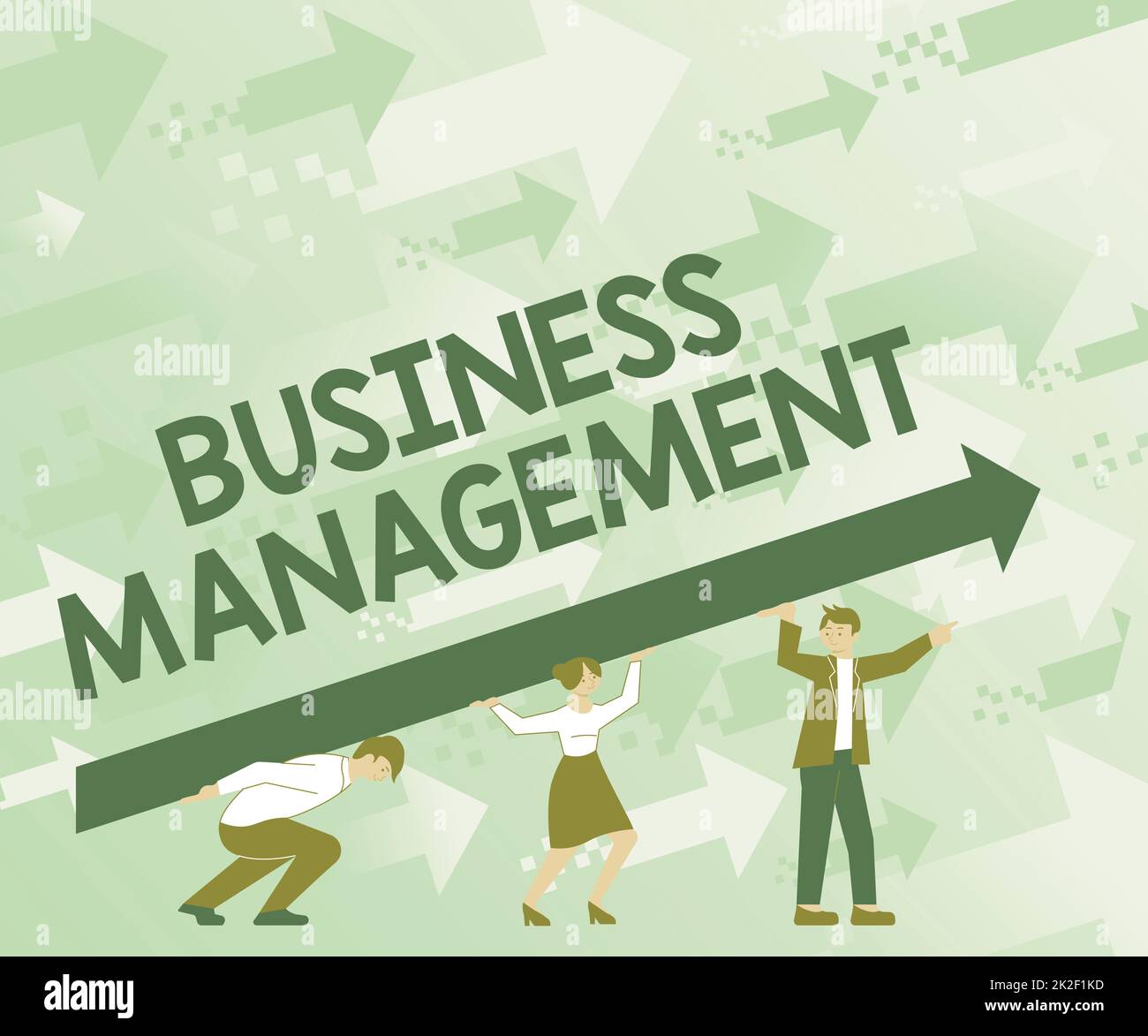 Konzeptioneller Titel Business Management. Konzept, das die Beaufsichtigung der Koordination von Geschäftsvorgängen umfasst vier Mitarbeiter zeichnen Standing Holding Large Arrow for Success. Stockfoto