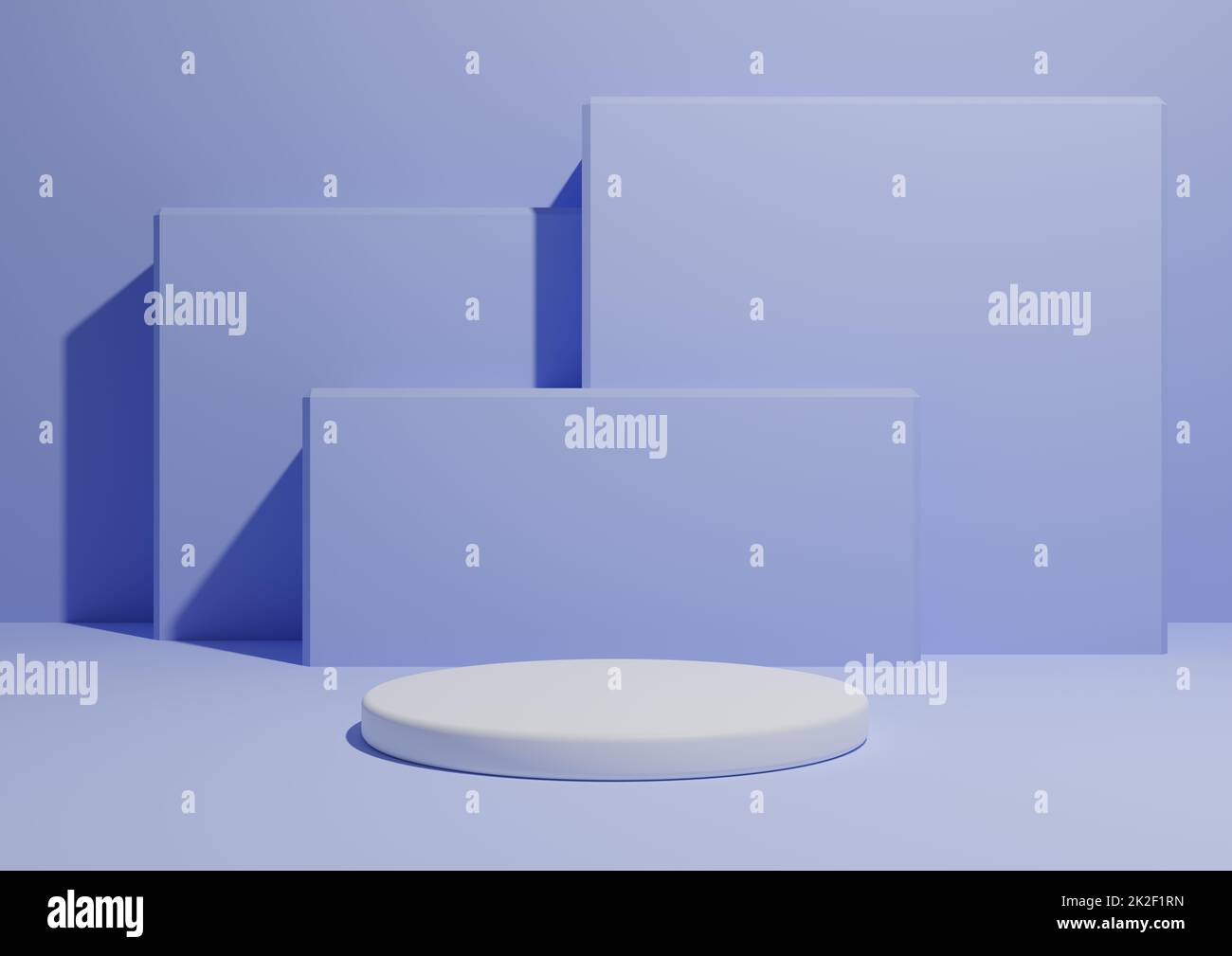 Helles Pastellblau, 3D-Darstellung eines einfachen, minimalistischen Hintergrunds mit einem Podium oder Ständer und geometrischen quadratischen Formen im Hintergrund. Stockfoto