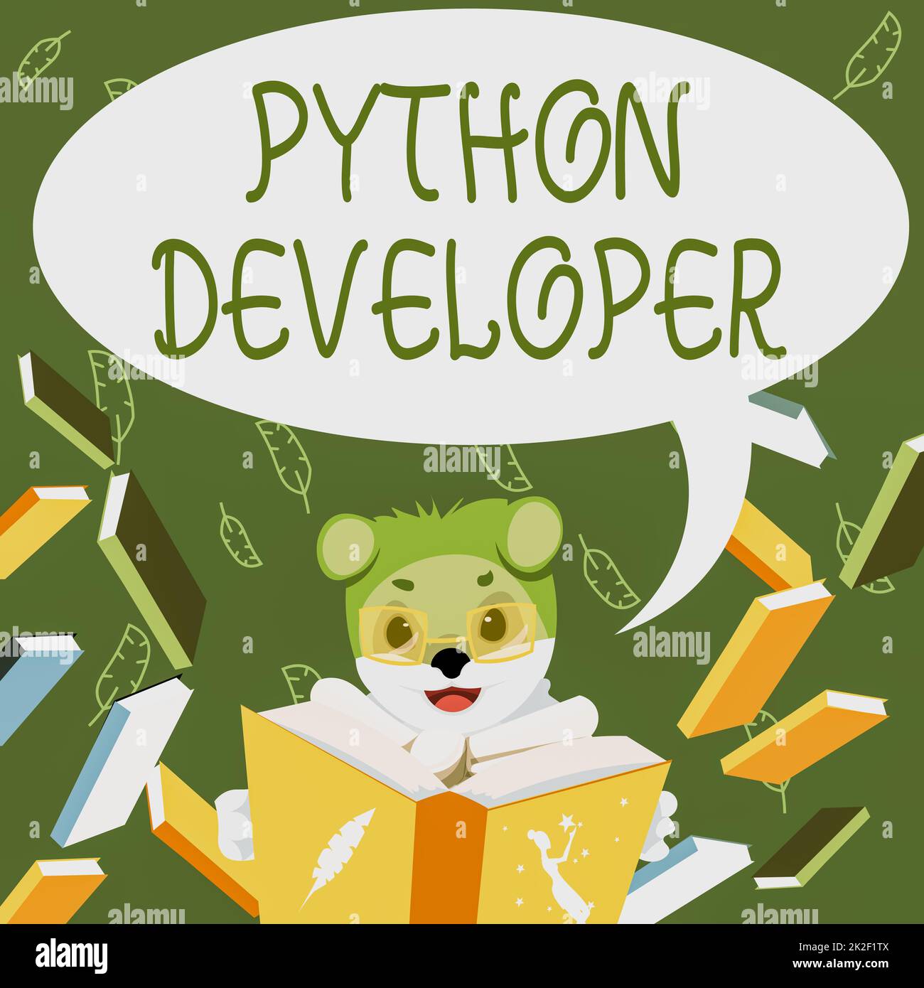 Textzeichen mit Python Developer. Internetkonzept, das für das Schreiben von serverseitiger Webanwendungslogik Fox mit Brille in der Bibliothek verantwortlich ist Lesen Eines Buches Studieren. Stockfoto