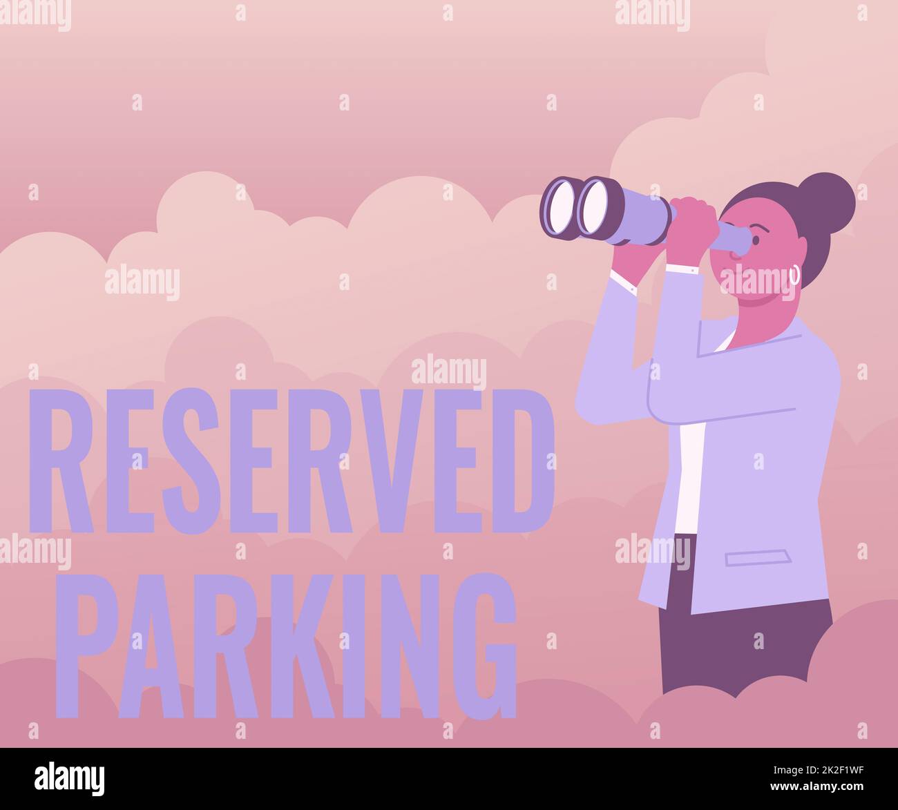 Textunterschrift mit reservierten Parkplätzen. Parkplätze für Geschäftsleute, die für bestimmte Personen reserviert sind Frauen, die durch ein tragbares Teleskop schauen und neue Möglichkeiten sehen. Stockfoto