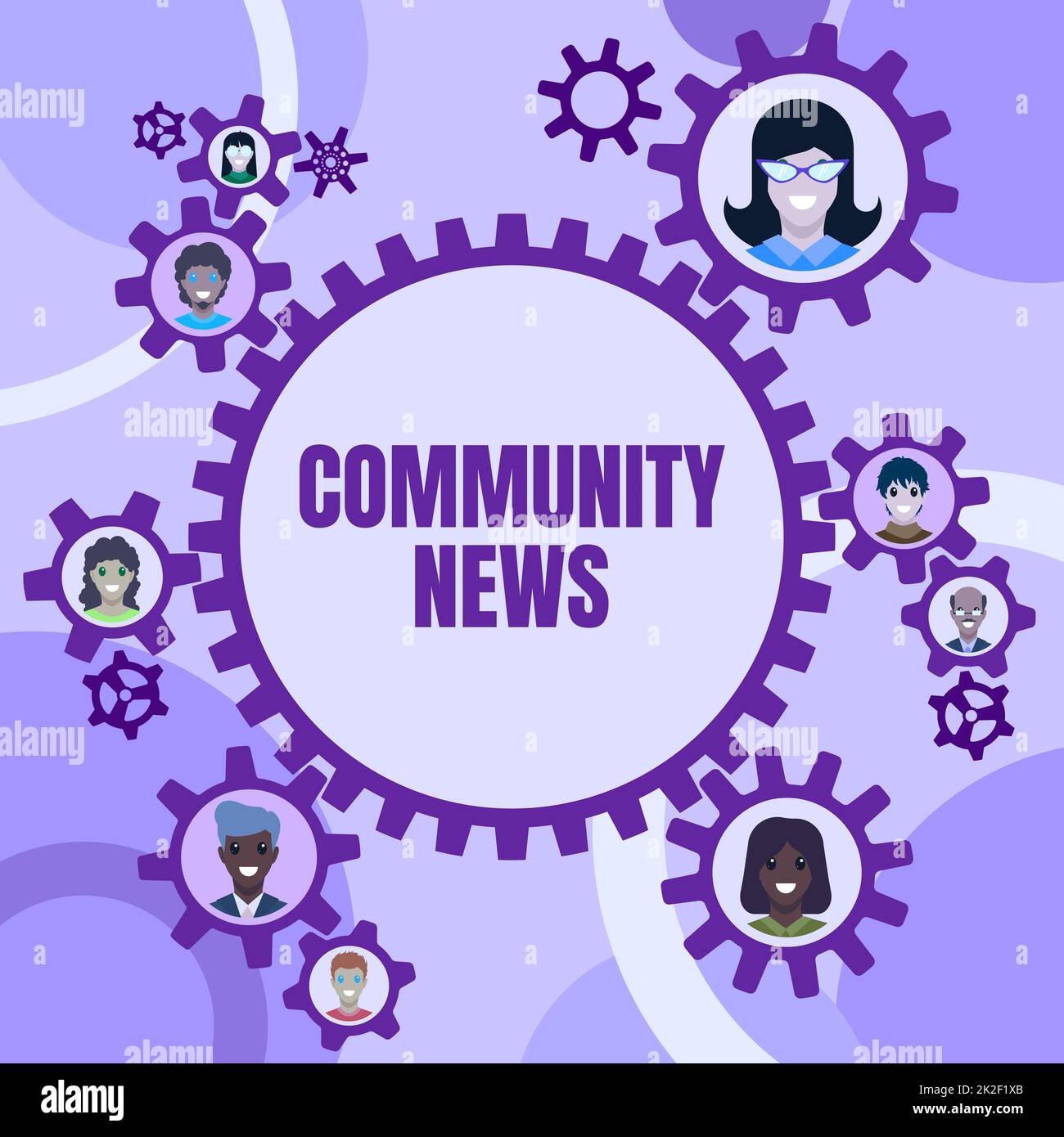 Handschriftliches Schild Community News. Die Berichterstattung über Internetkonzepte, die sich in der Regel auf Stadtviertel konzentriert, wird von Kollegen in Zahnrädern präsentiert und zeigt die Definition von Teamwork Stockfoto