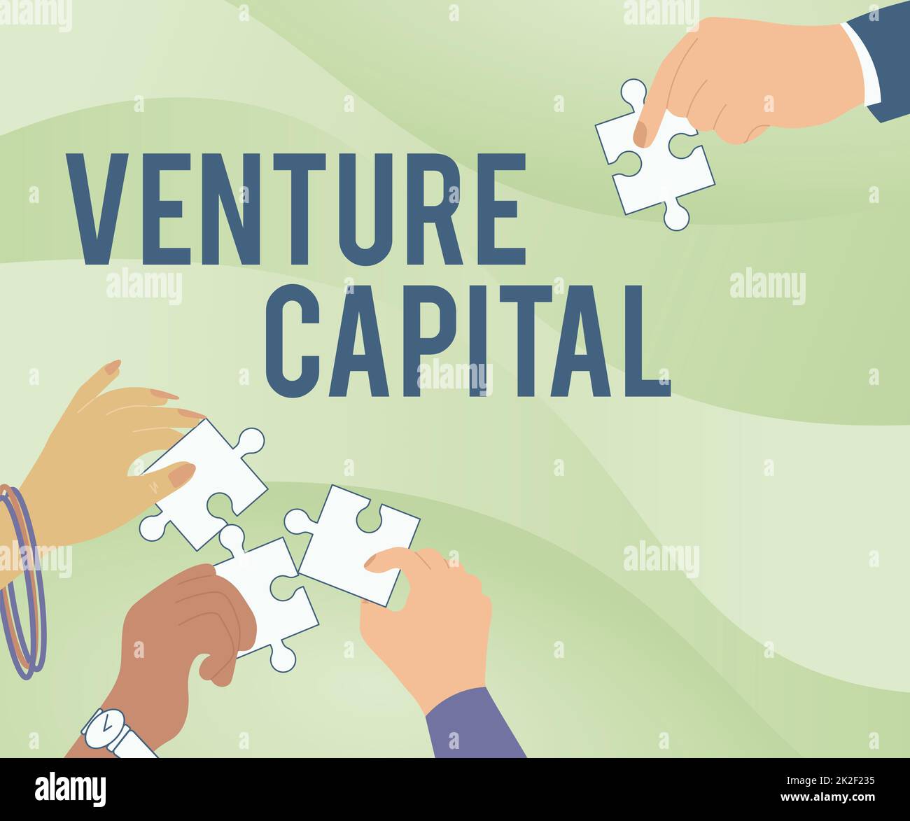 Konzeptdarstellung Venture Capital. Geschäftsidee Venture Capital Illustration von Händen halten Puzzle-Stücke einander helfen. Stockfoto