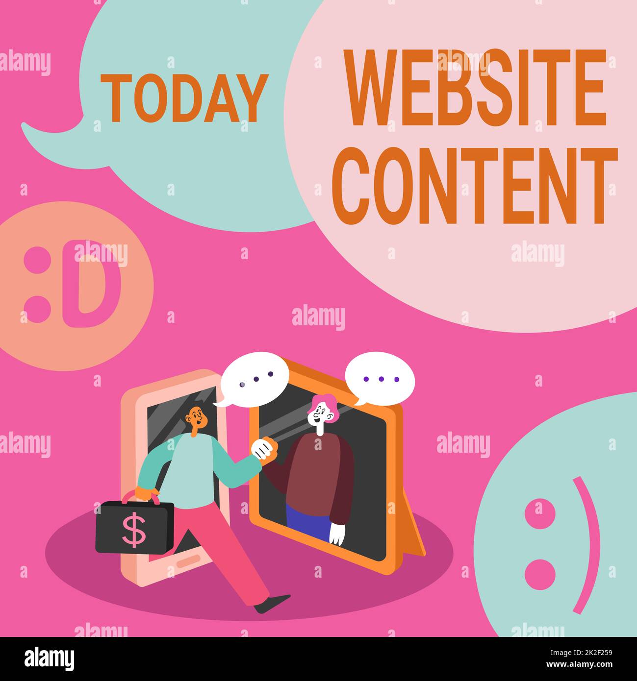 Schreiben Anzeige von Text Website-Inhalt. Wort für Website-Inhalt zwei Kollegen treffen sich online und diskutieren zukünftige Projektideen. Stockfoto