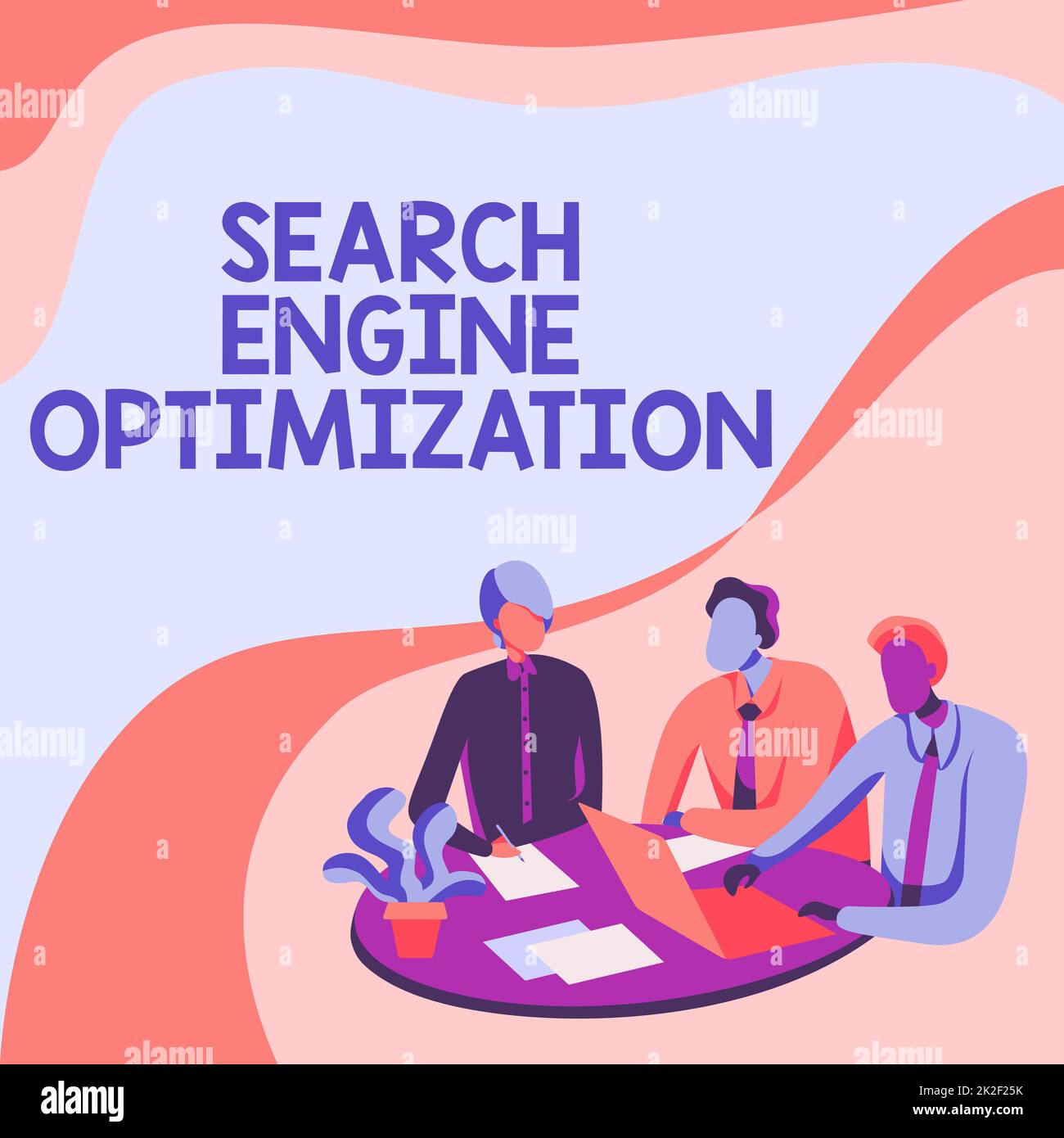 Inspiration mit Anzeige der Suchmaschinenoptimierung. Geschäftsbeispiele für die Zunahme des Zugriffs auf Unternehmensseiten und Analysemitarbeiter, die auf einem Schreibtisch sitzen und mit einem Laptop diskutieren. Stockfoto