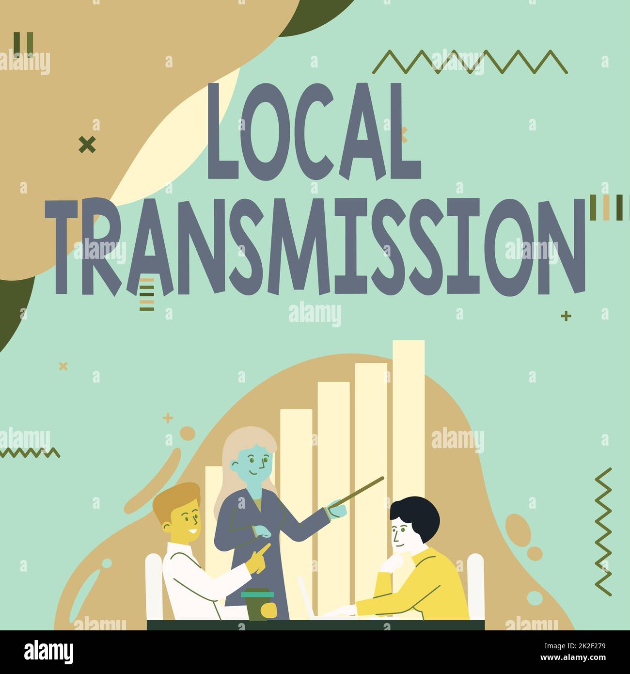 Inspiration mit Schild „Local Transmission“ (Lokales Getriebe). Das Wort für gruppierte Infektionsfälle, die von einem bestimmten Ort stammen. Lady Drawing erklärt ihrem Teamkollegen die Prozessschritte. Stockfoto